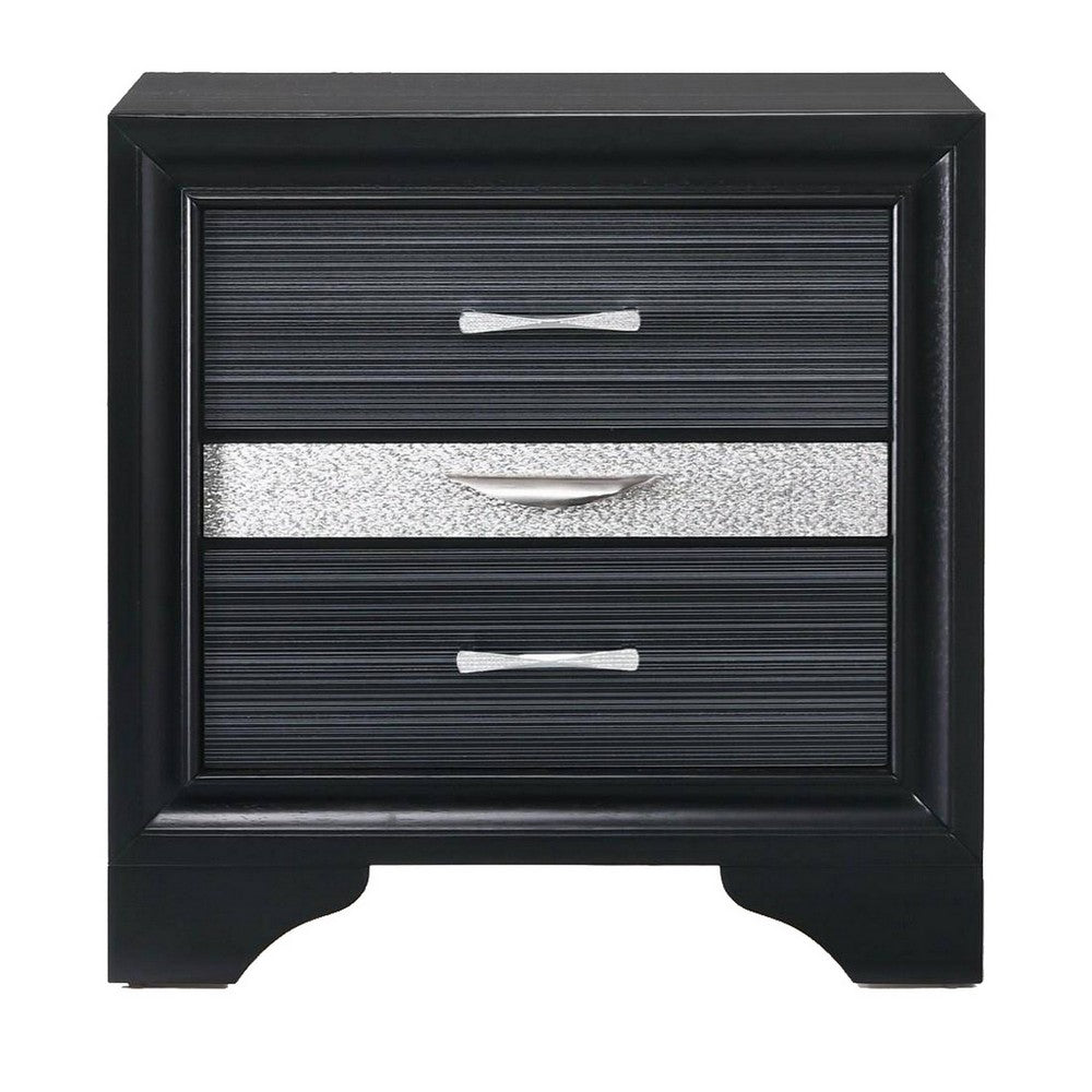 BM185438 Two Tone Wooden Nightstand With Three Drawers, Black And Silver