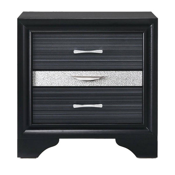 BM185438 Two Tone Wooden Nightstand With Three Drawers, Black And Silver