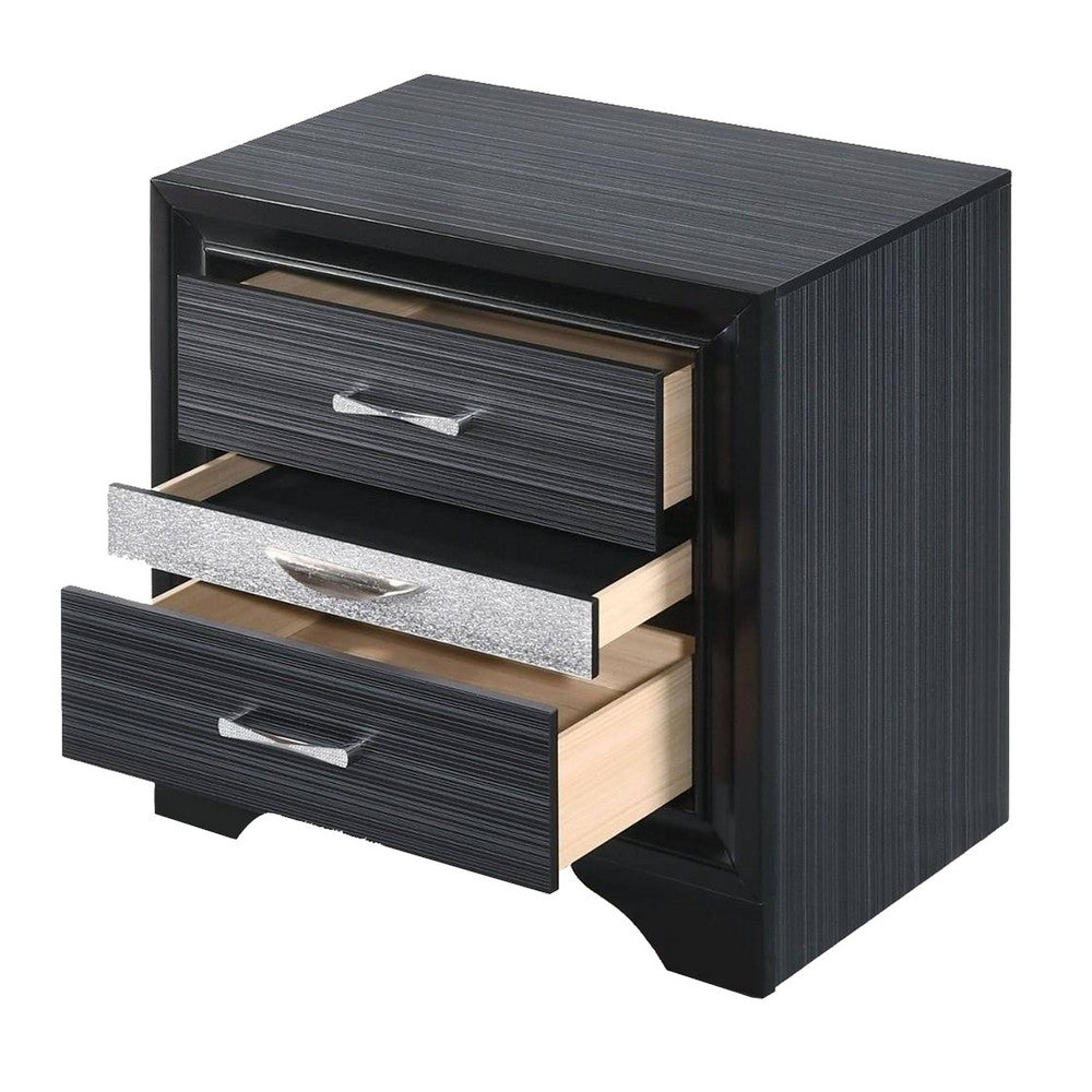 BM185438 Two Tone Wooden Nightstand With Three Drawers, Black And Silver