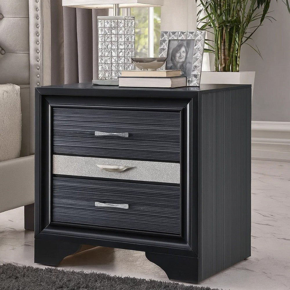 BM185438 Two Tone Wooden Nightstand With Three Drawers, Black And Silver