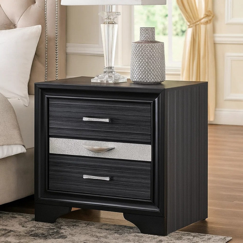 BM185438 Two Tone Wooden Nightstand With Three Drawers, Black And Silver