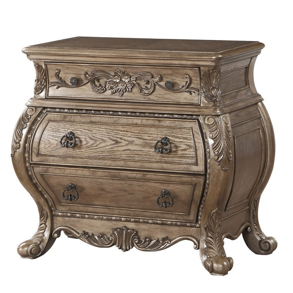 Nightstand, 3 Drawers with Antique Handles, Scrolled Legs, Vintage Oak Brown - AMF-26313