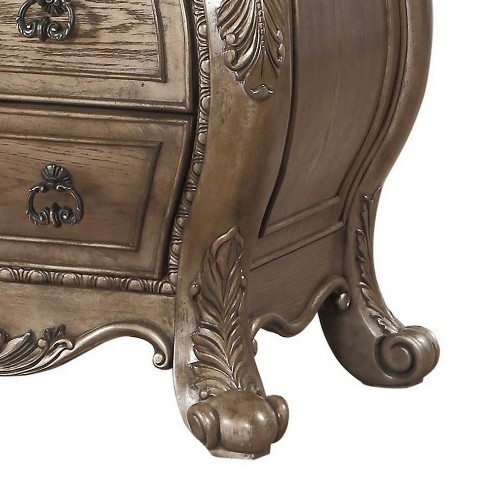 Nightstand, 3 Drawers with Antique Handles, Scrolled Legs, Vintage Oak Brown - AMF-26313