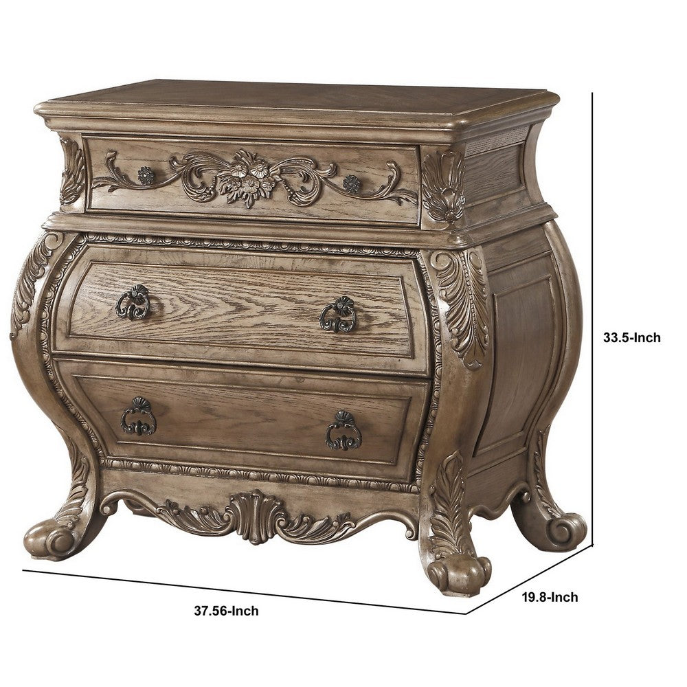 Nightstand, 3 Drawers with Antique Handles, Scrolled Legs, Vintage Oak Brown - AMF-26313