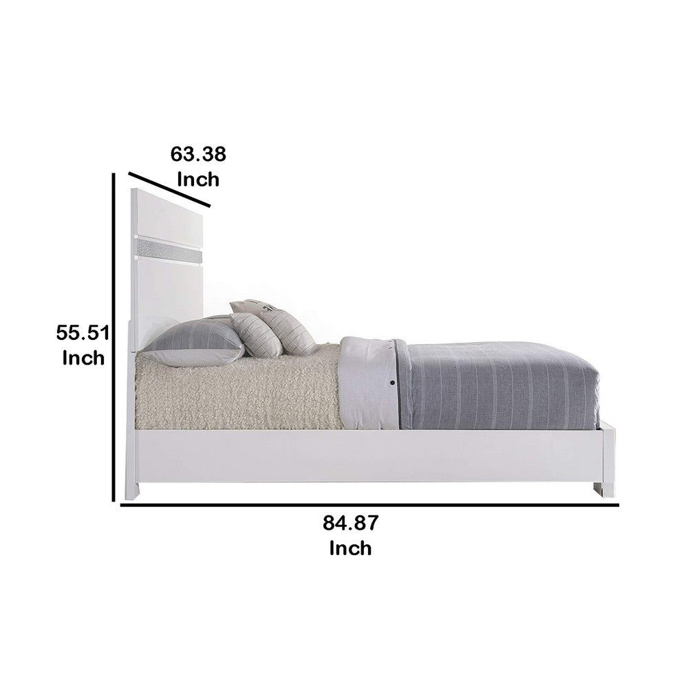 Wooden queen size bed with block legs and Crystal Accented Headboard, White - AMF-26770Q