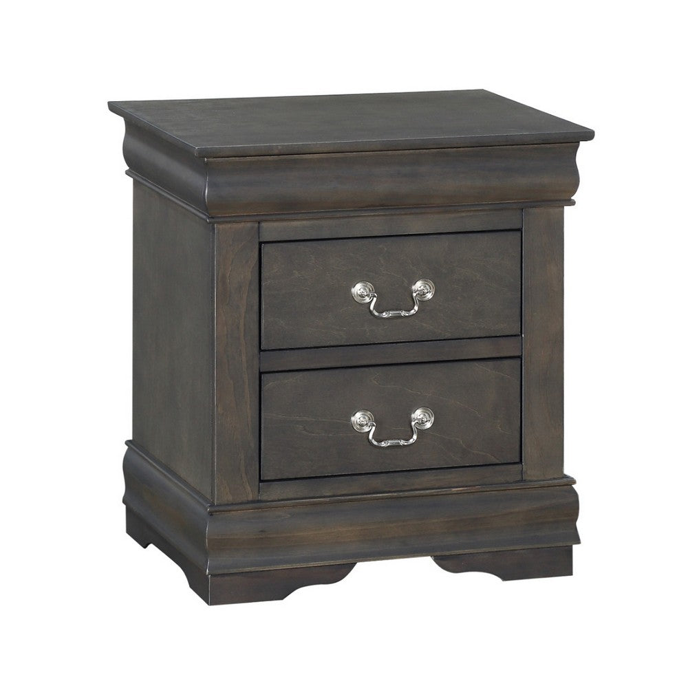 Traditional Style Wooden Nightstand with Two Drawers and Metal Handles, Dark Gray - AMF-26793