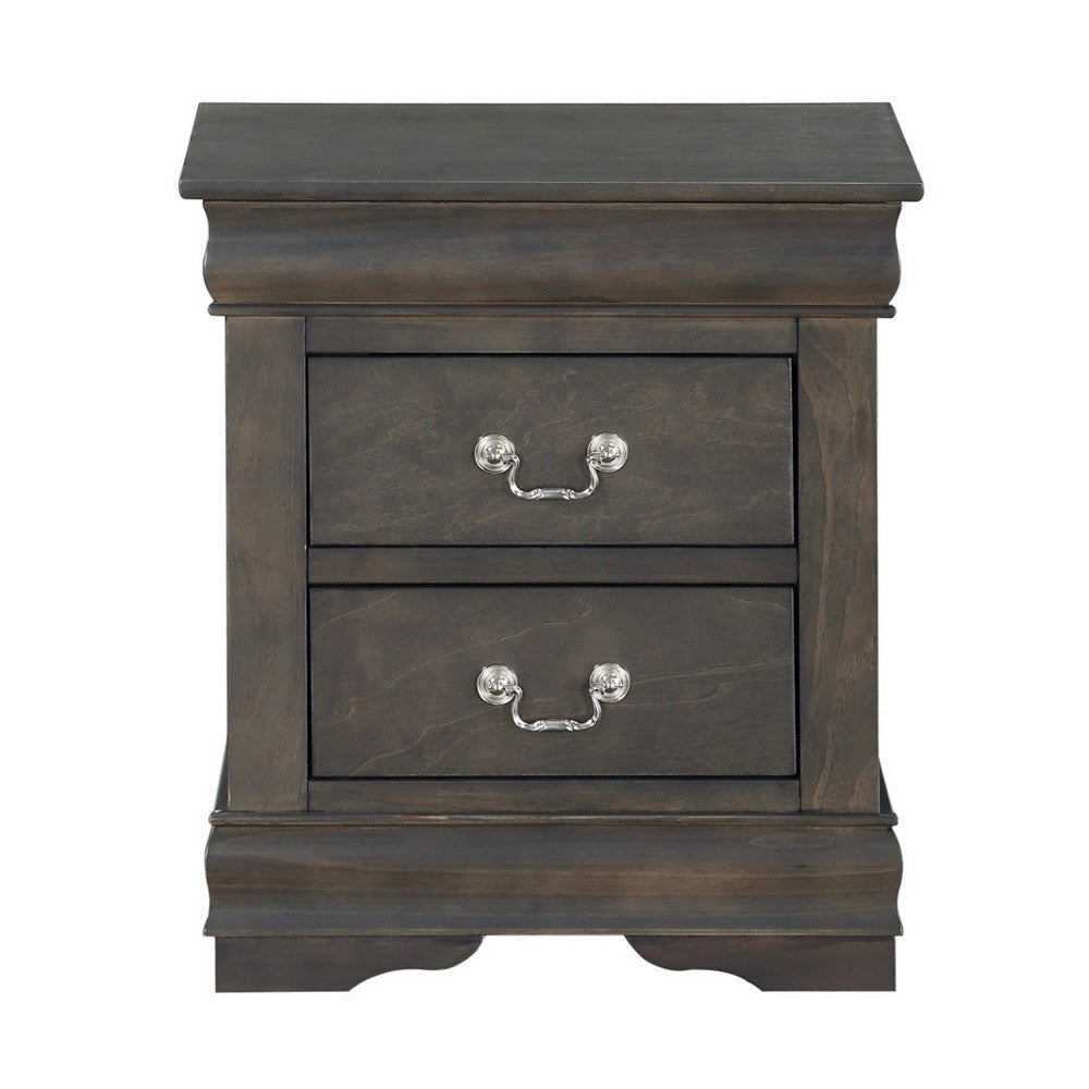 Traditional Style Wooden Nightstand with Two Drawers and Metal Handles, Dark Gray - AMF-26793