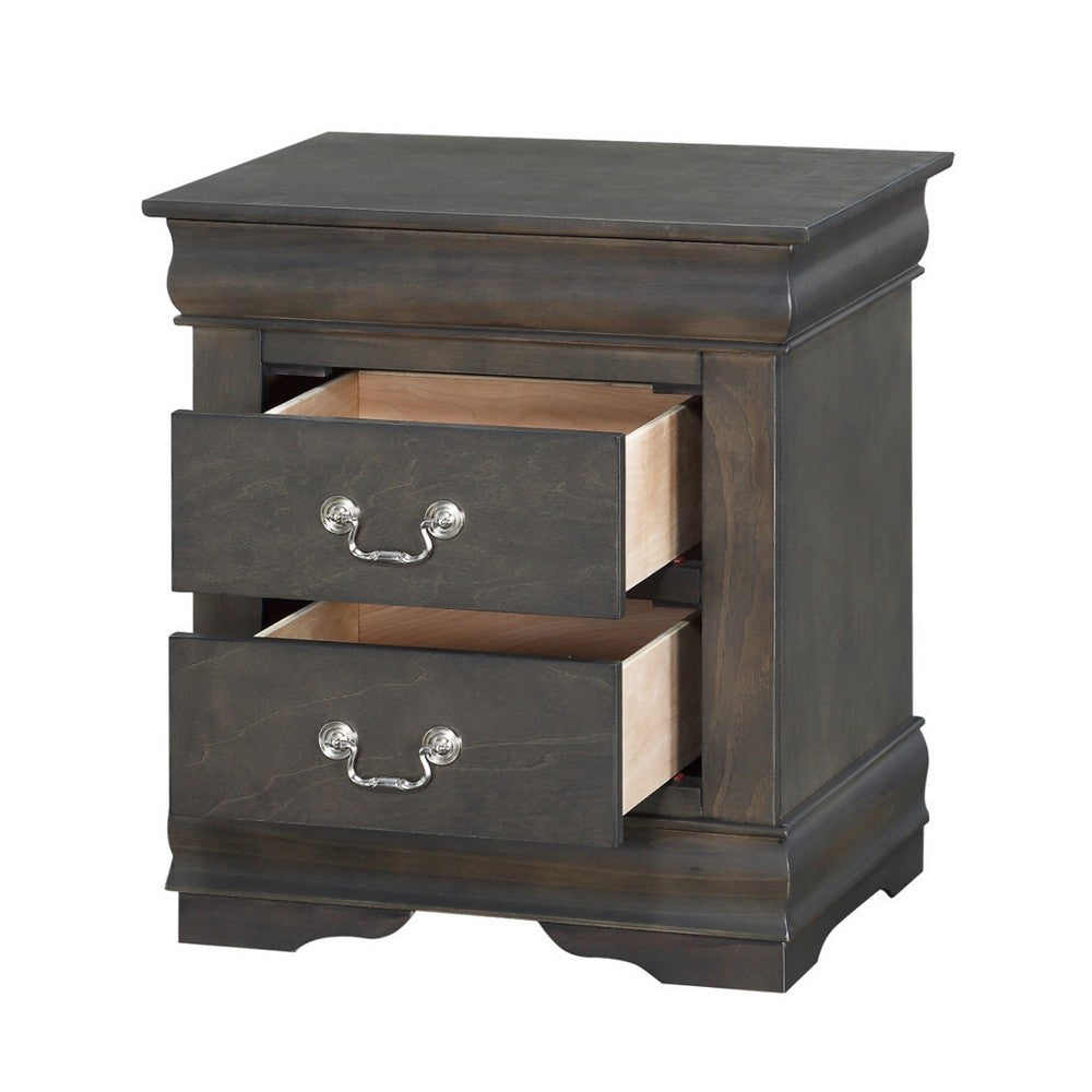 Traditional Style Wooden Nightstand with Two Drawers and Metal Handles, Dark Gray - AMF-26793