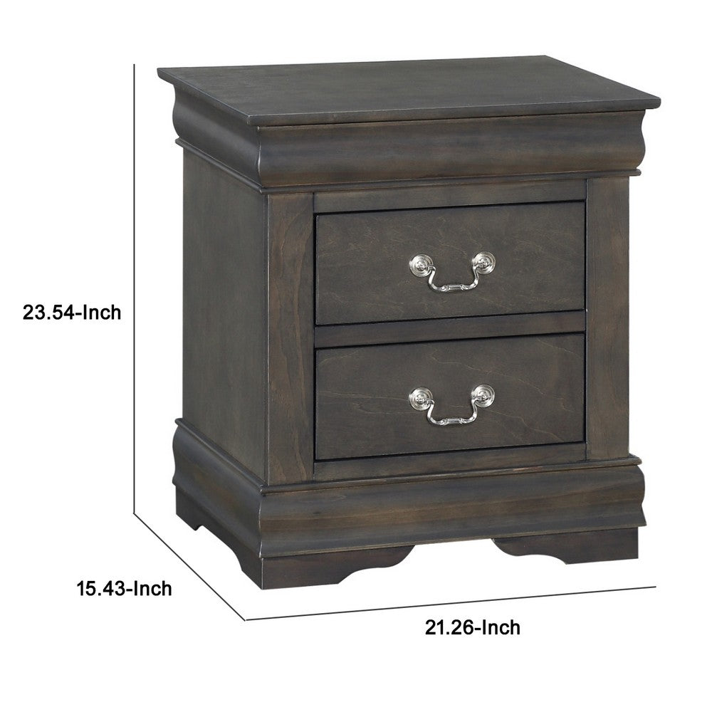 Traditional Style Wooden Nightstand with Two Drawers and Metal Handles, Dark Gray - AMF-26793