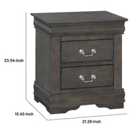 Traditional Style Wooden Nightstand with Two Drawers and Metal Handles, Dark Gray - AMF-26793