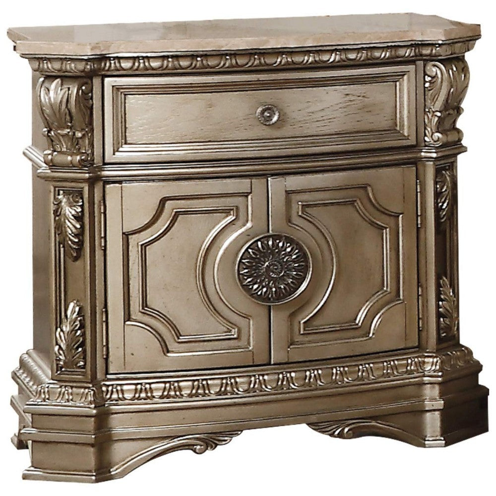 Marble Top Nightstand With One Drawer And Two Door Shelf, Antique Champagne - AMF-26934