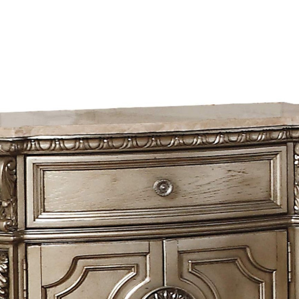 Marble Top Nightstand With One Drawer And Two Door Shelf, Antique Champagne - AMF-26934