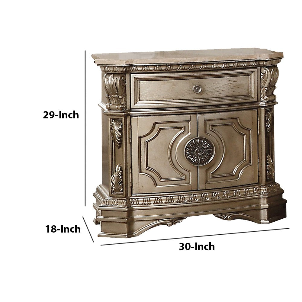 Marble Top Nightstand With One Drawer And Two Door Shelf, Antique Champagne - AMF-26934