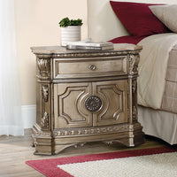 Marble Top Nightstand With One Drawer And Two Door Shelf, Antique Champagne - AMF-26934