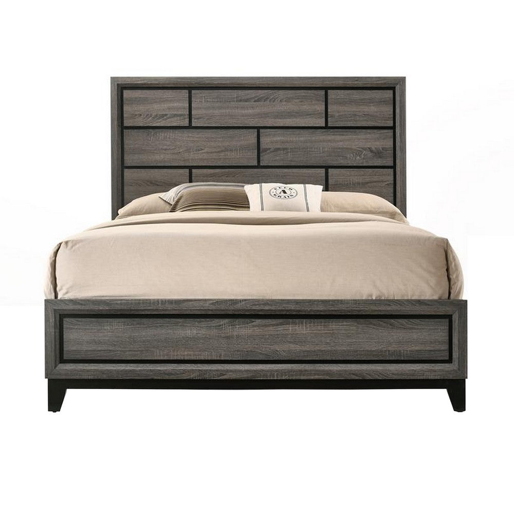 Transitional Style Wooden Queen Size Bed with Brick Elements Panel Headboard, Gray - AMF-27050Q