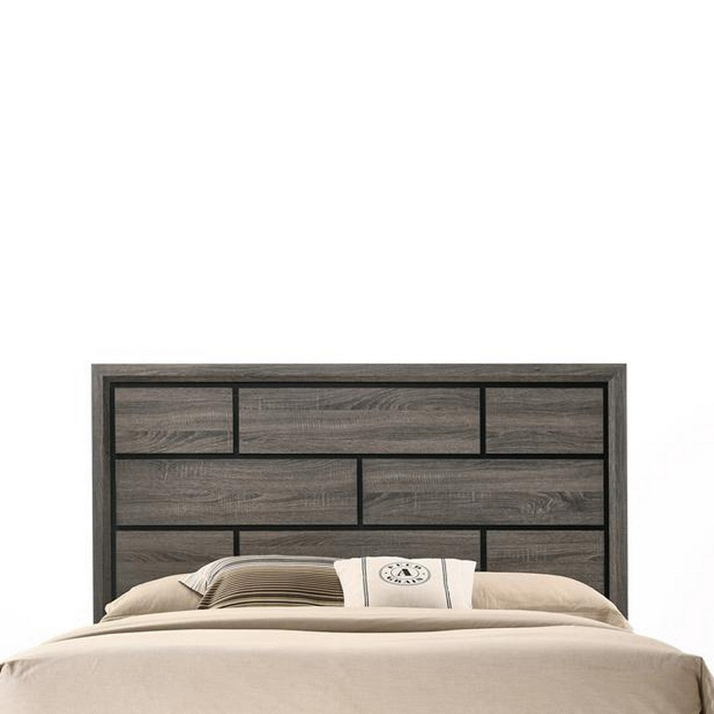 Transitional Style Wooden Queen Size Bed with Brick Elements Panel Headboard, Gray - AMF-27050Q