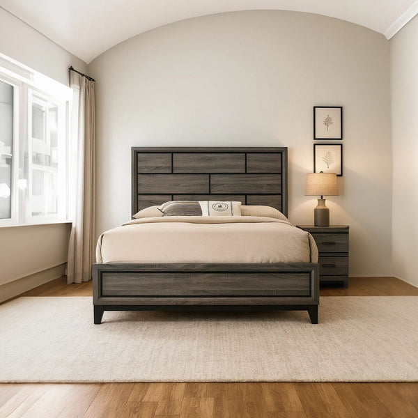 Transitional Style Wooden Queen Size Bed with Brick Elements Panel Headboard, Gray - AMF-27050Q