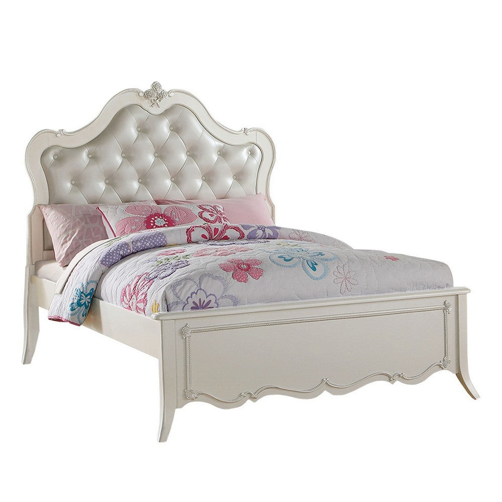 Pine Wood Twin Bed With Button Tufted Headboard, Pearl White - AMF-30505T