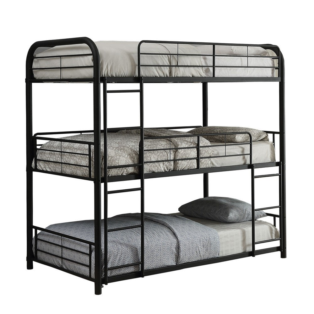 Triple Layer Full Size Metal Bunk Bed with Attached Ladder, Black - AMF-37330