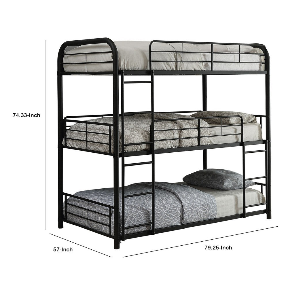Triple Layer Full Size Metal Bunk Bed with Attached Ladder, Black - AMF-37330