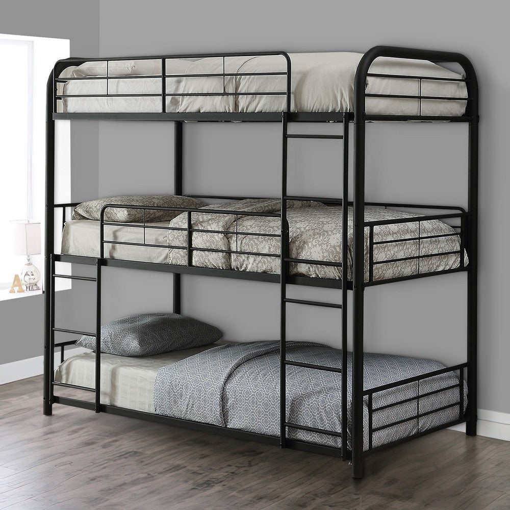 Triple Layer Full Size Metal Bunk Bed with Attached Ladder, Black - AMF-37330