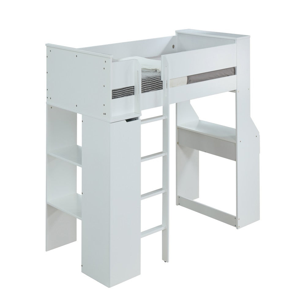 Wooden Twin Size Loft Bunk Bed with Workstation and Ladder, White - AMF-38060