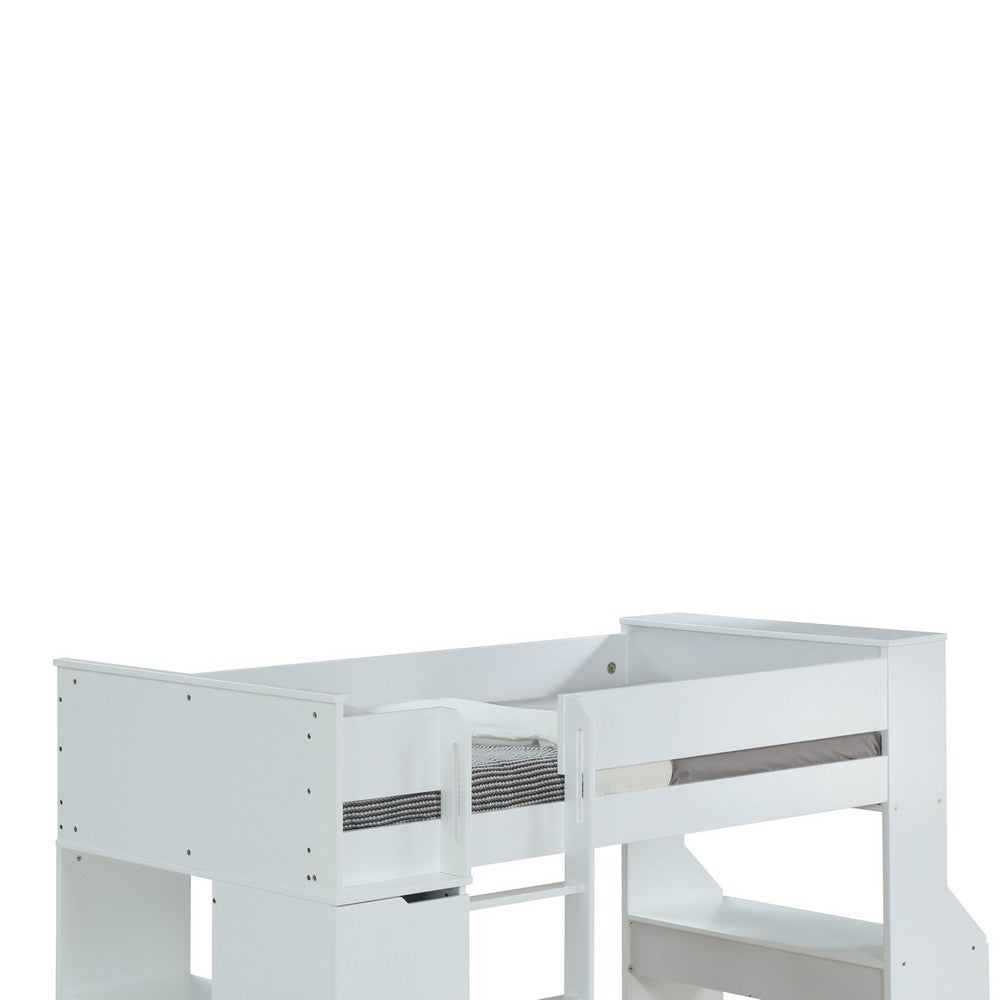 Wooden Twin Size Loft Bunk Bed with Workstation and Ladder, White - AMF-38060