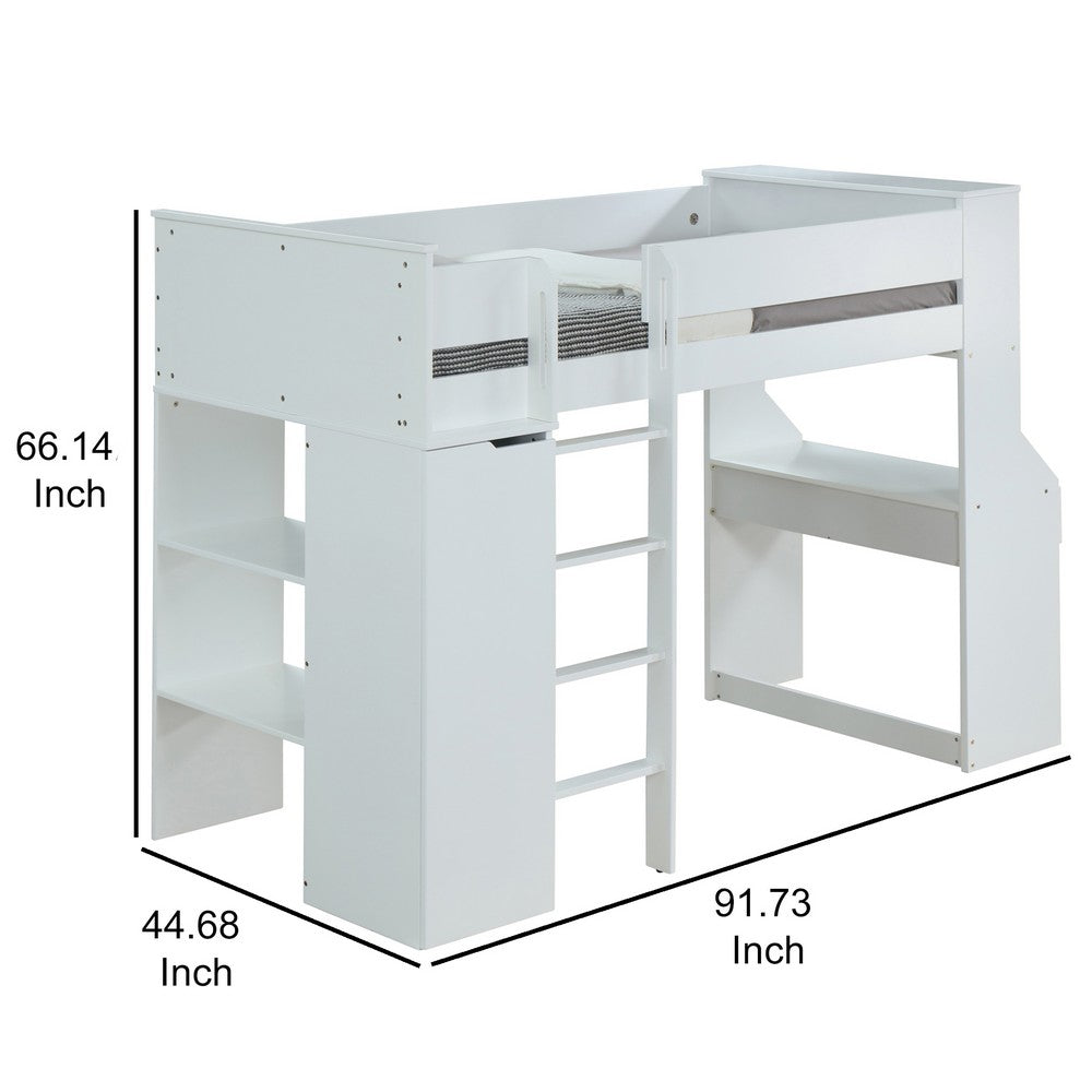 Wooden Twin Size Loft Bunk Bed with Workstation and Ladder, White - AMF-38060