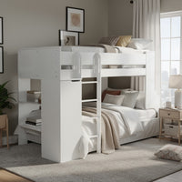 Wooden Twin Size Loft Bunk Bed with Workstation and Ladder, White - AMF-38060