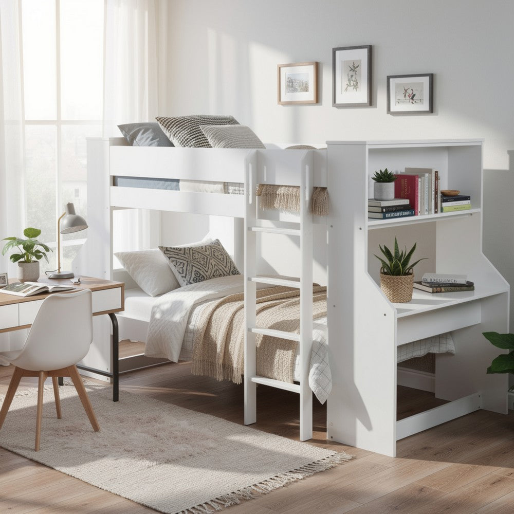 Wooden Twin Size Loft Bunk Bed with Workstation and Ladder, White - AMF-38060