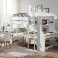 Wooden Twin Size Loft Bunk Bed with Workstation and Ladder, White - AMF-38060