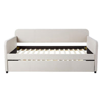 Fabric Upholstered Wooden Day Bed with Trundle and Panel Back, Beige - AMF-39190