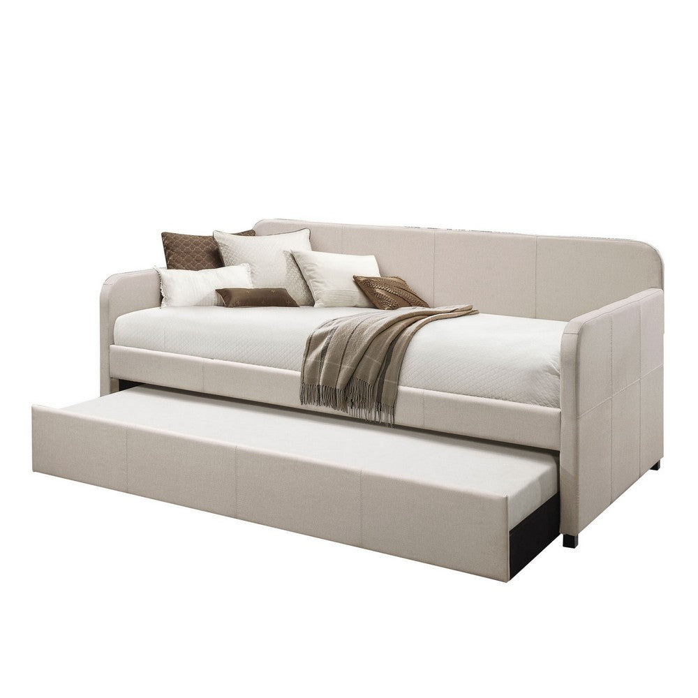 Fabric Upholstered Wooden Day Bed with Trundle and Panel Back, Beige - AMF-39190