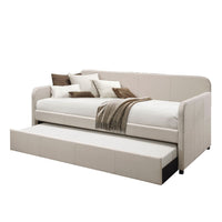 Fabric Upholstered Wooden Day Bed with Trundle and Panel Back, Beige - AMF-39190