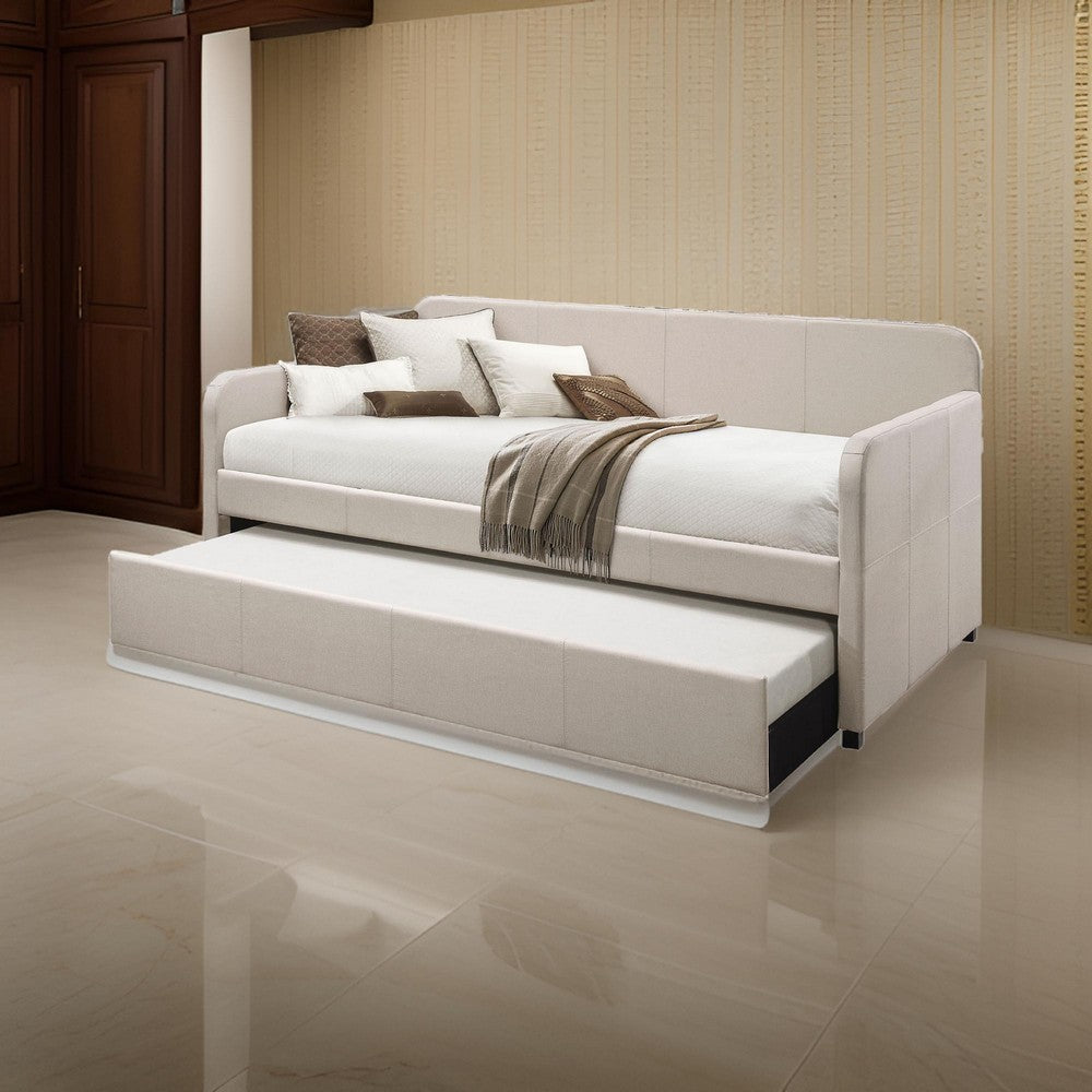 Fabric Upholstered Wooden Day Bed with Trundle and Panel Back, Beige - AMF-39190