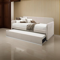 Fabric Upholstered Wooden Day Bed with Trundle and Panel Back, Beige - AMF-39190