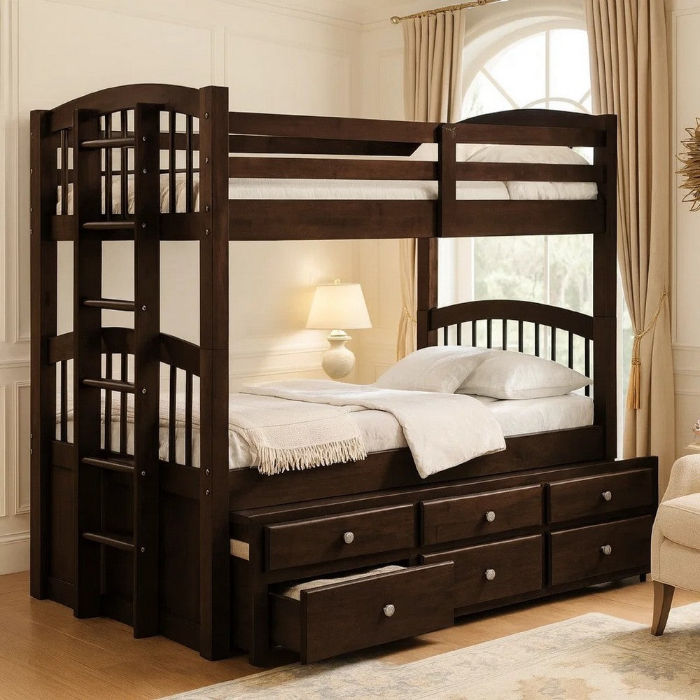 Wooden Twin/Twin Bunk Bed & Trundle with 3 Drawers, Brown - AMF-40000