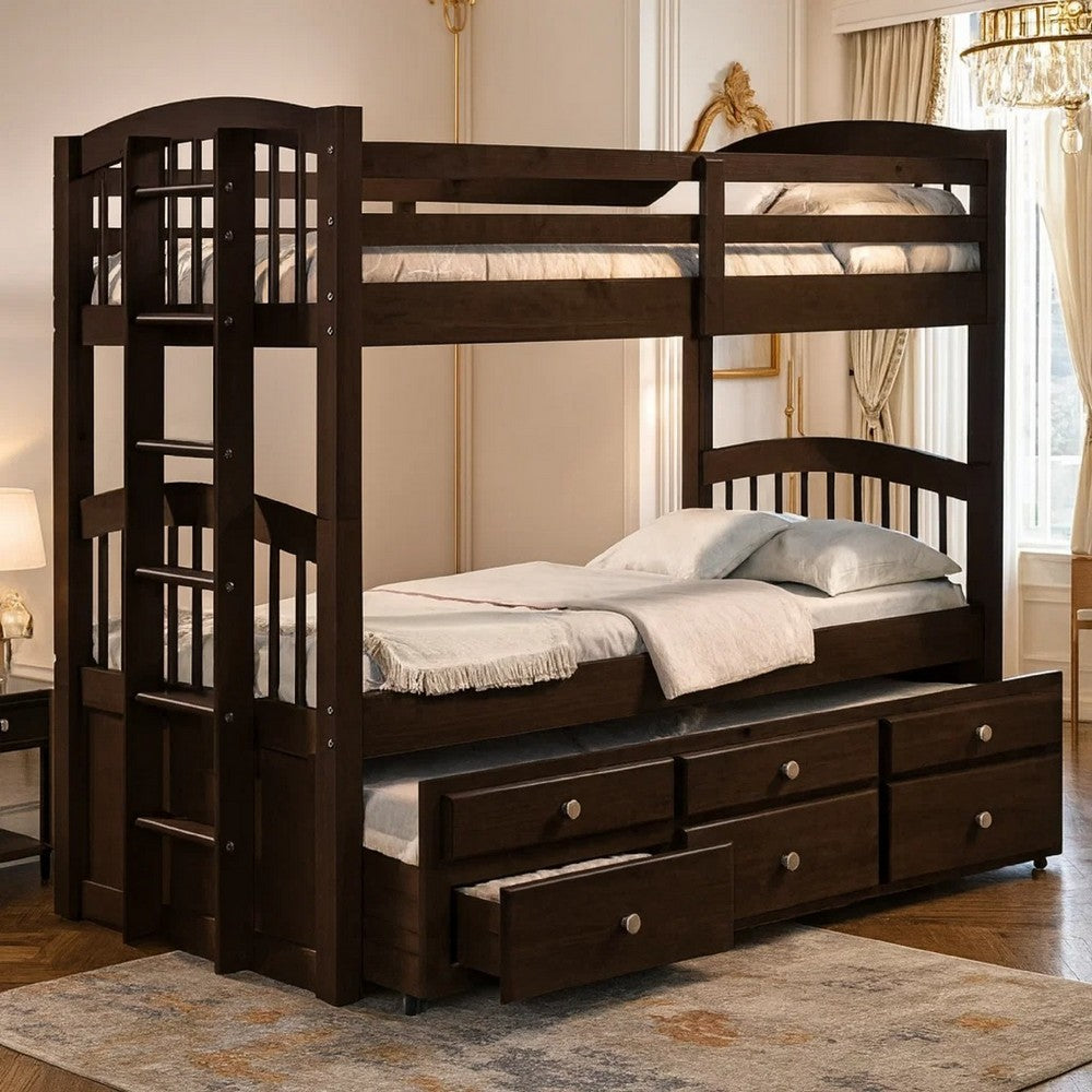 Wooden Twin/Twin Bunk Bed & Trundle with 3 Drawers, Brown - AMF-40000