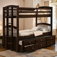 Wooden Twin/Twin Bunk Bed & Trundle with 3 Drawers, Brown - AMF-40000