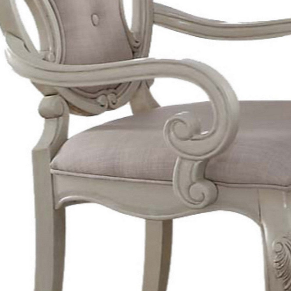 Fabric Upholstered Wooden Arm Chairs with Cabriole Legs, White and Gray, Set of Two - AMF-61283