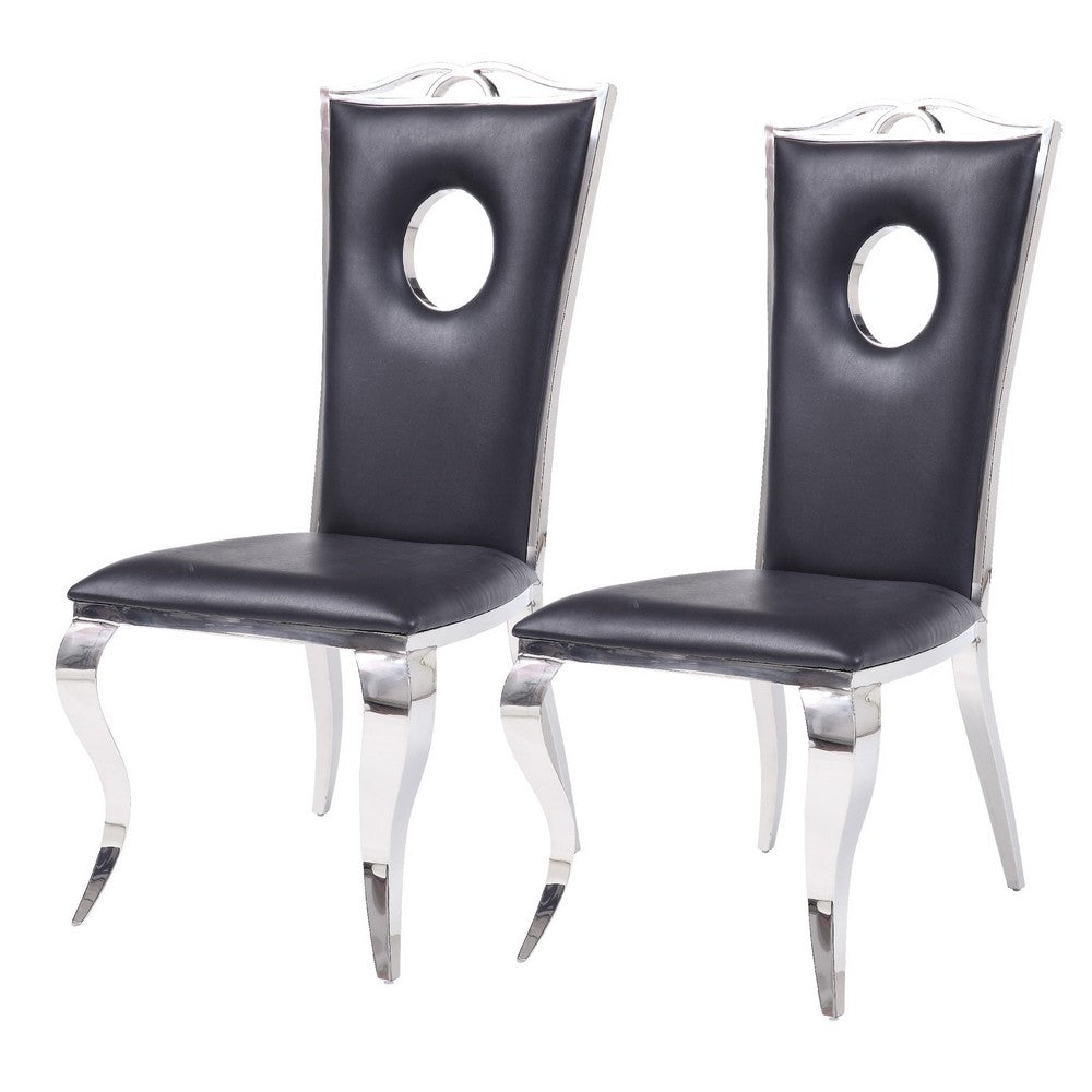 19 Inch Dining Side Chair, Faux Leather, Set of 2, Black, Silver - AMF-62078