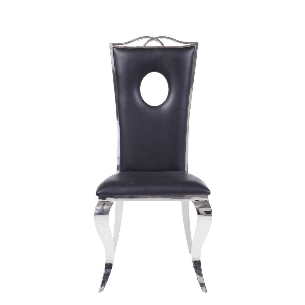 19 Inch Dining Side Chair, Faux Leather, Set of 2, Black, Silver - AMF-62078