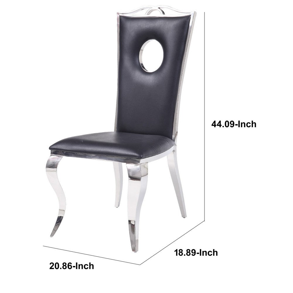 19 Inch Dining Side Chair, Faux Leather, Set of 2, Black, Silver - AMF-62078