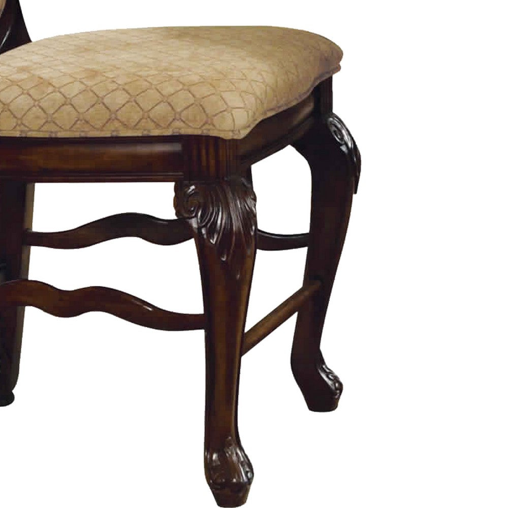 Wooden Counter Height Chair with Fabric Upholstered Seat and Back, Brown and Beige, Set of Two - AMF-64084