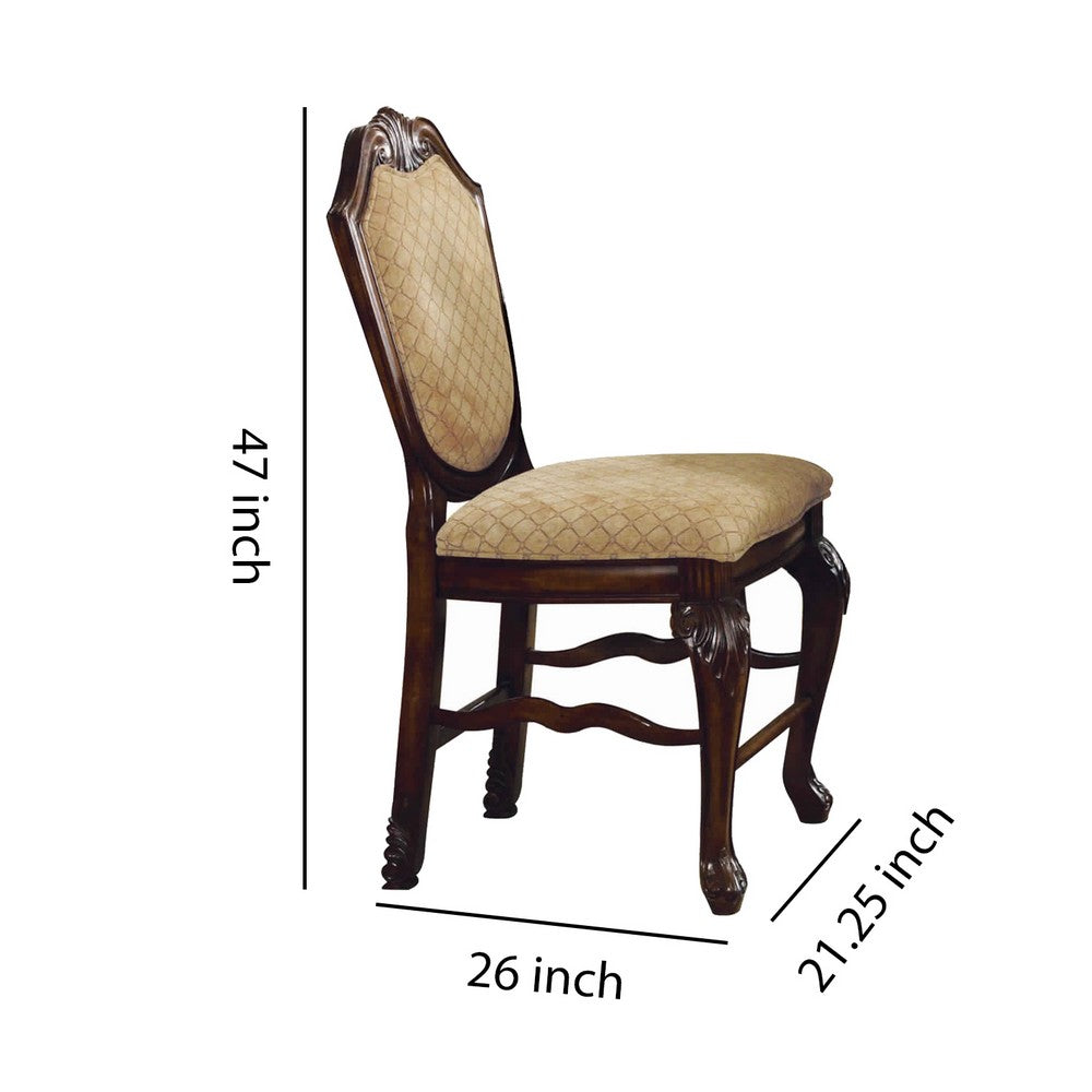 Wooden Counter Height Chair with Fabric Upholstered Seat and Back, Brown and Beige, Set of Two - AMF-64084