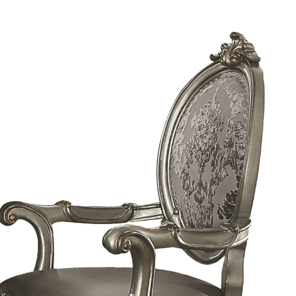 Wooden Arm Chairs with Fabric Upholstered Back and Leatherette Seat, Silver, Set of Two - AMF-66823