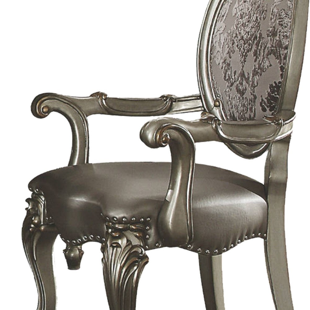 Wooden Arm Chairs with Fabric Upholstered Back and Leatherette Seat, Silver, Set of Two - AMF-66823