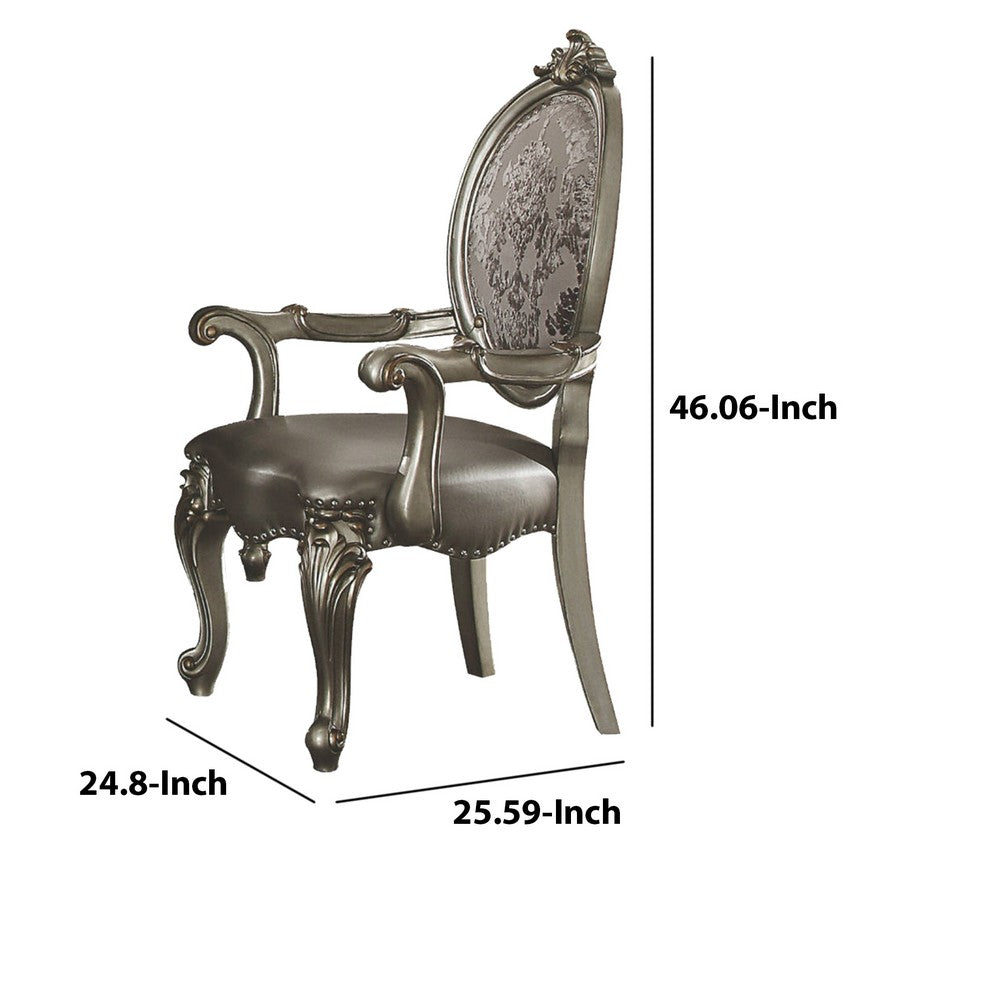 Wooden Arm Chairs with Fabric Upholstered Back and Leatherette Seat, Silver, Set of Two - AMF-66823
