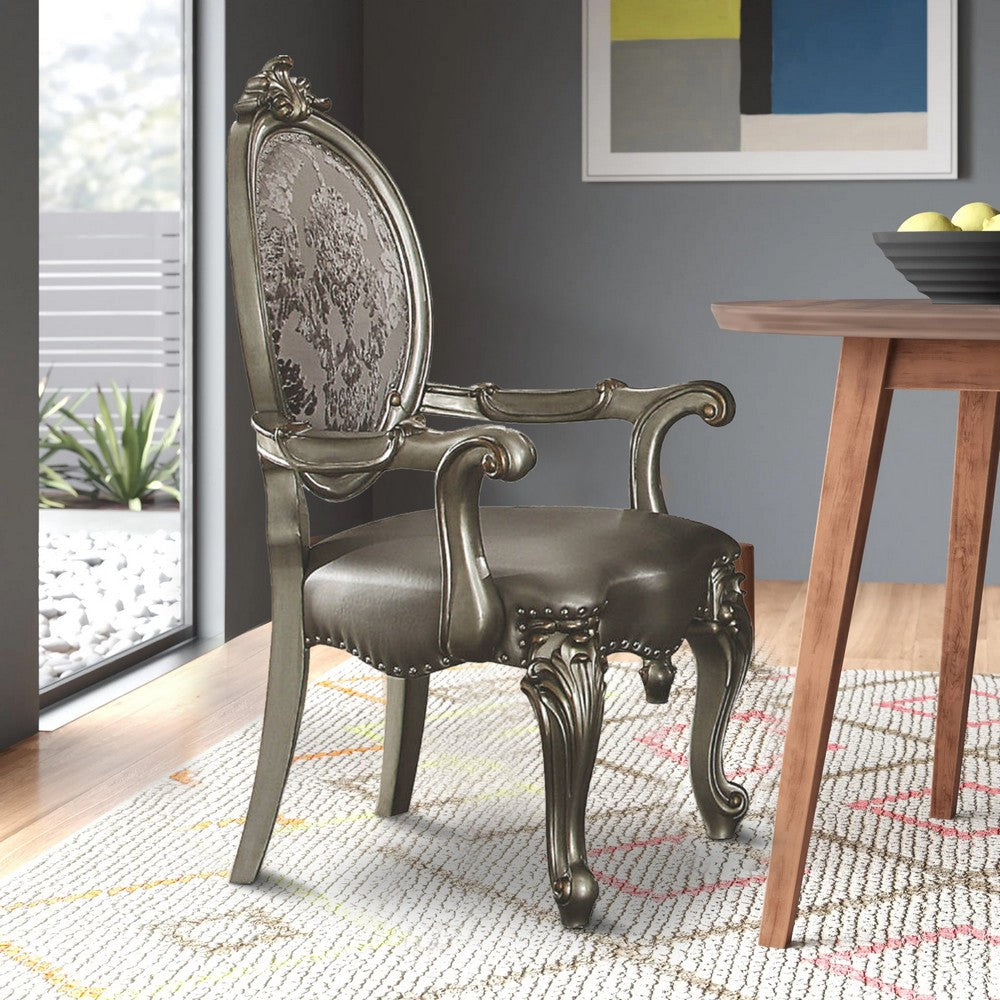 Wooden Arm Chairs with Fabric Upholstered Back and Leatherette Seat, Silver, Set of Two - AMF-66823