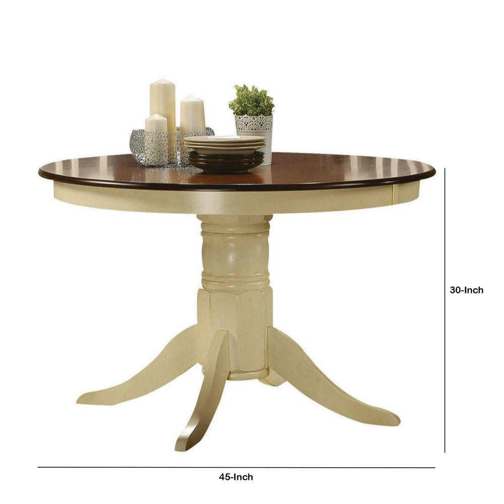 Smooth Wooden Round Dining Table With Pedestal Base, Brown and Cream - AMF-70330